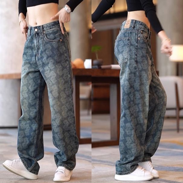Men's Patterned Denim Jeans Loose Fitting Wide Leg Pants Stylish Versatile American Style Casual Drape for Spring Summer_mkmklike.com