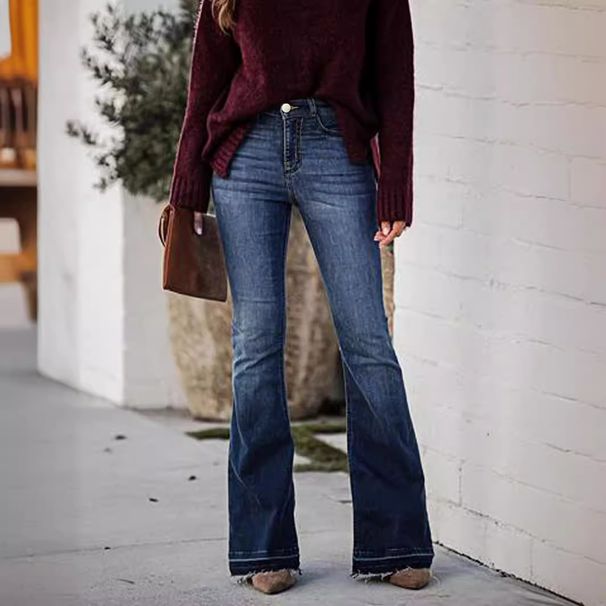 Women's Clothing Denim Dark Blue Mid Waist Flared Pants_mkmklike.com