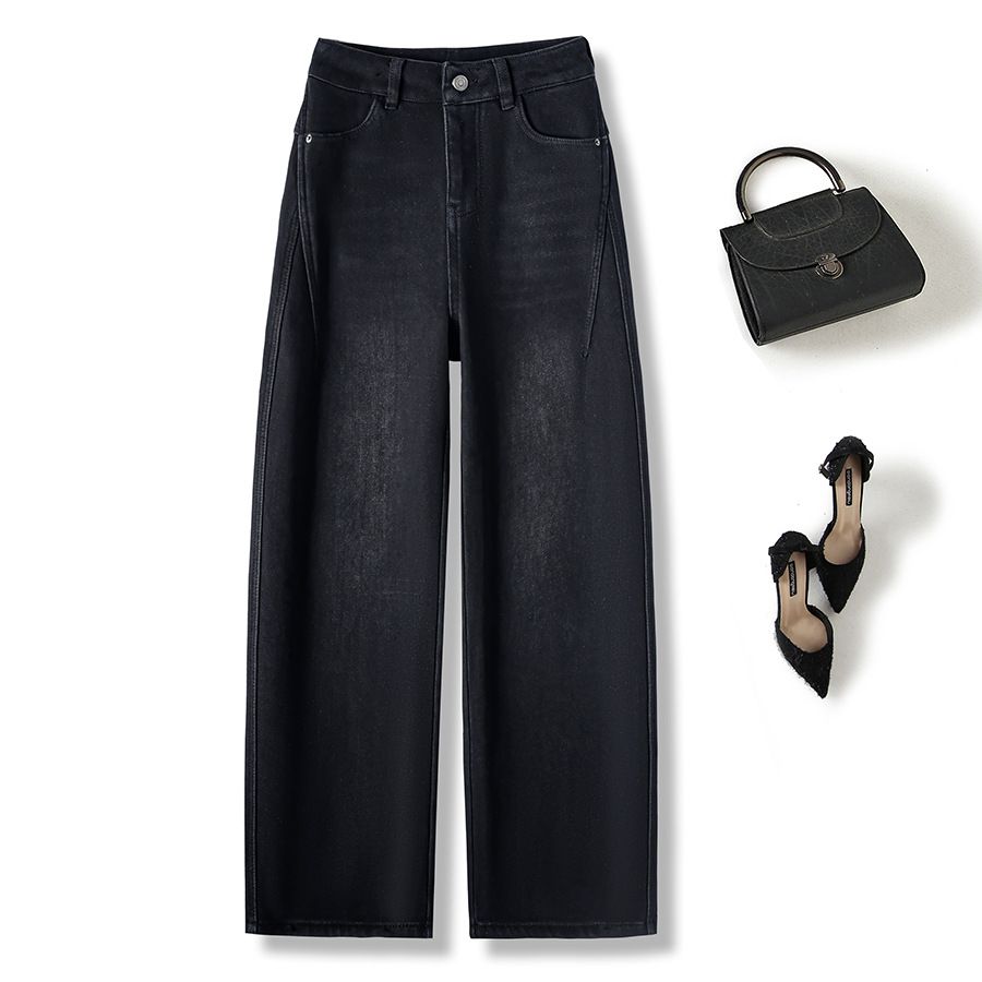 Fleece-Lined Curved Hem Jeans - High Waisted Wide Leg Trousers With Distressed Details, Winter Warm Stretch Denim For Women & Men_mkmklike.com