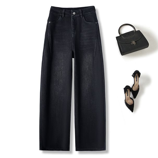 Fleece-Lined Curved Hem Jeans - High Waisted Wide Leg Trousers With Distressed Details, Winter Warm Stretch Denim For Women & Men_mkmklike.com