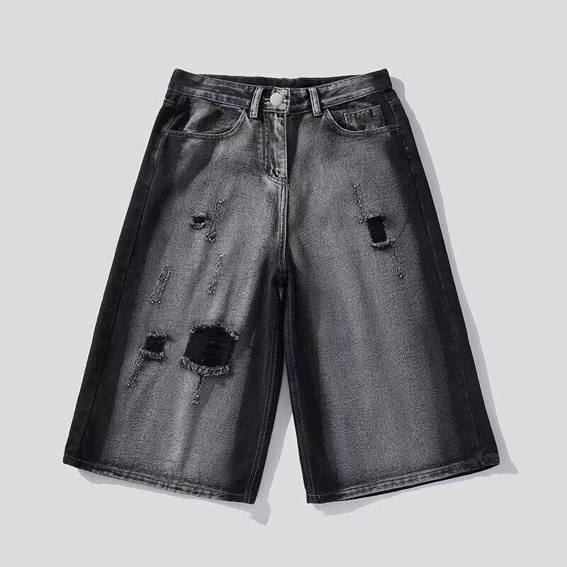 Men's Washed Distressed Cropped Denim Shorts Loose Wide Leg Pants Summer Style American Street Retro Design_mkmklike.com