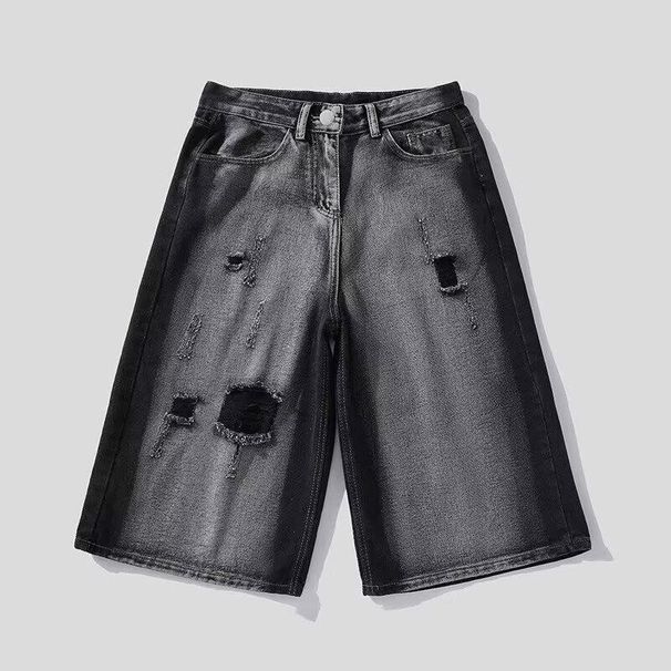 Men's Washed Distressed Cropped Denim Shorts Loose Wide Leg Pants Summer Style American Street Retro Design_mkmklike.com