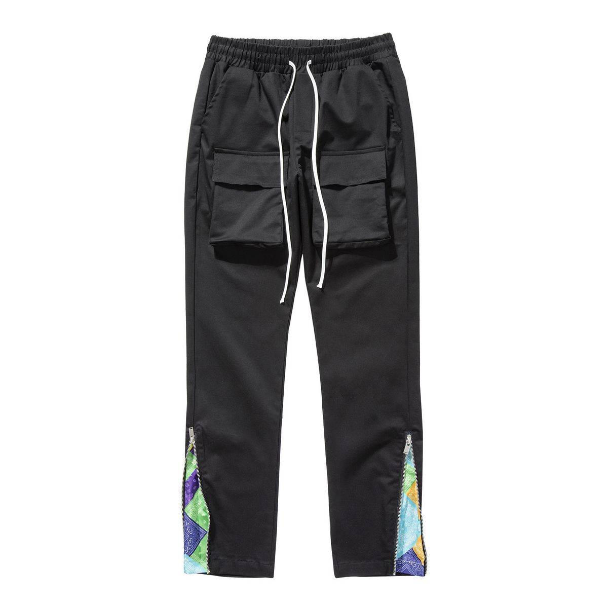 Unisex High-Street Side-Slit Paisley Cargo Pants - 100% Cotton Casual Utility Pants With Adjustable Drawstring (M-XXL)_mkmklike.com