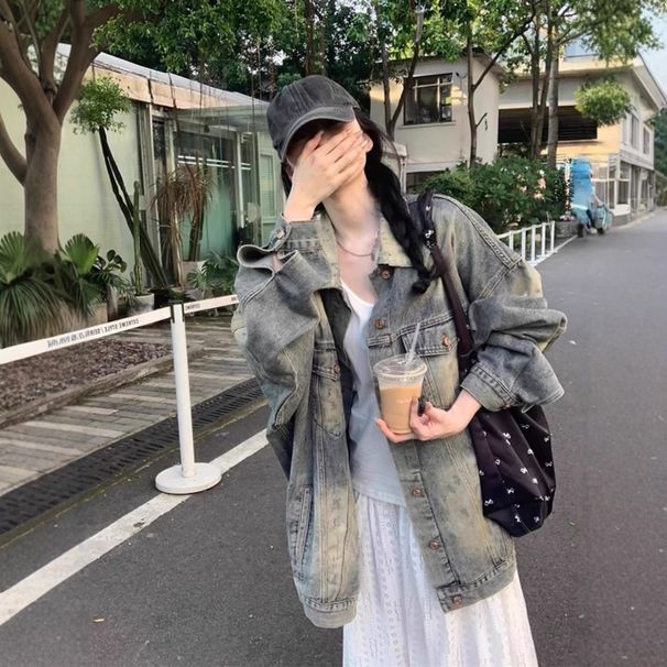 High America Fried Street Vitage Deim Workwear Wome's Sweet Spicy Style Jacket, Loose Slimmig Top, Sprig Ad_mkmklike.com