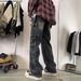 Men's Loose Straight Leg Cargo Jeans Multi Pocket High Street Washed Retro Edgy Look Trousers For Spring Autumn_mkmklike.com