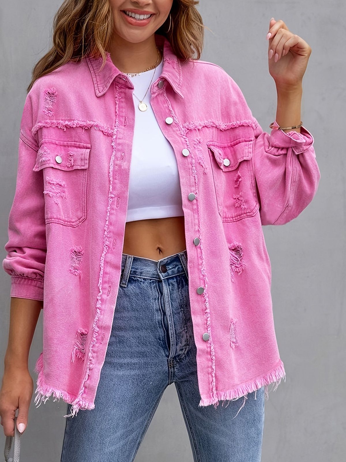 Distressed Denim Jacket Women's Oversized Long Sleeve Shirt Casual Streetwear Vintage Coat In 16 Colors_mkmklike.com