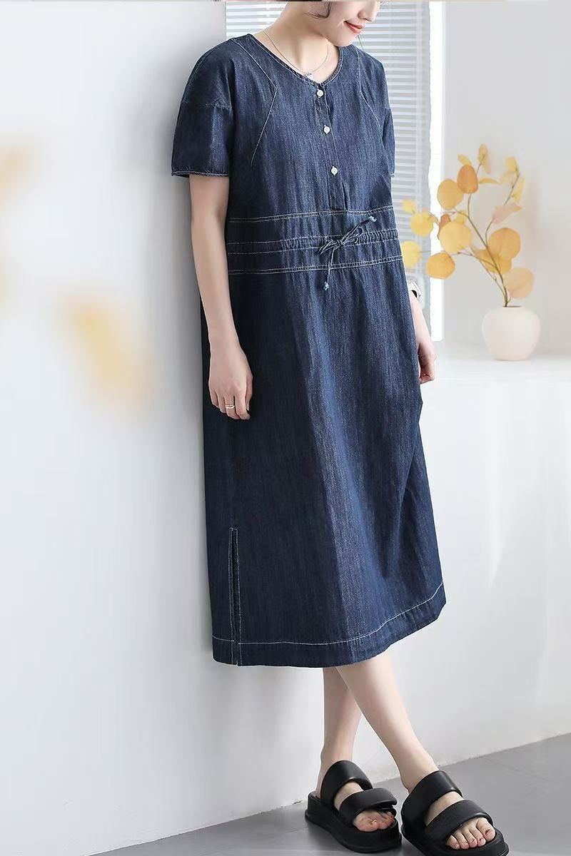 Summer New Denim Short Sleeved Dress, Women's Round Neck Casual Loose Fit Slimming Korean Version Mid Length Skirt 6995_mkmklike.com