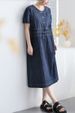 Summer New Denim Short Sleeved Dress, Women's Round Neck Casual Loose Fit Slimming Korean Version Mid Length Skirt 6995_mkmklike.com