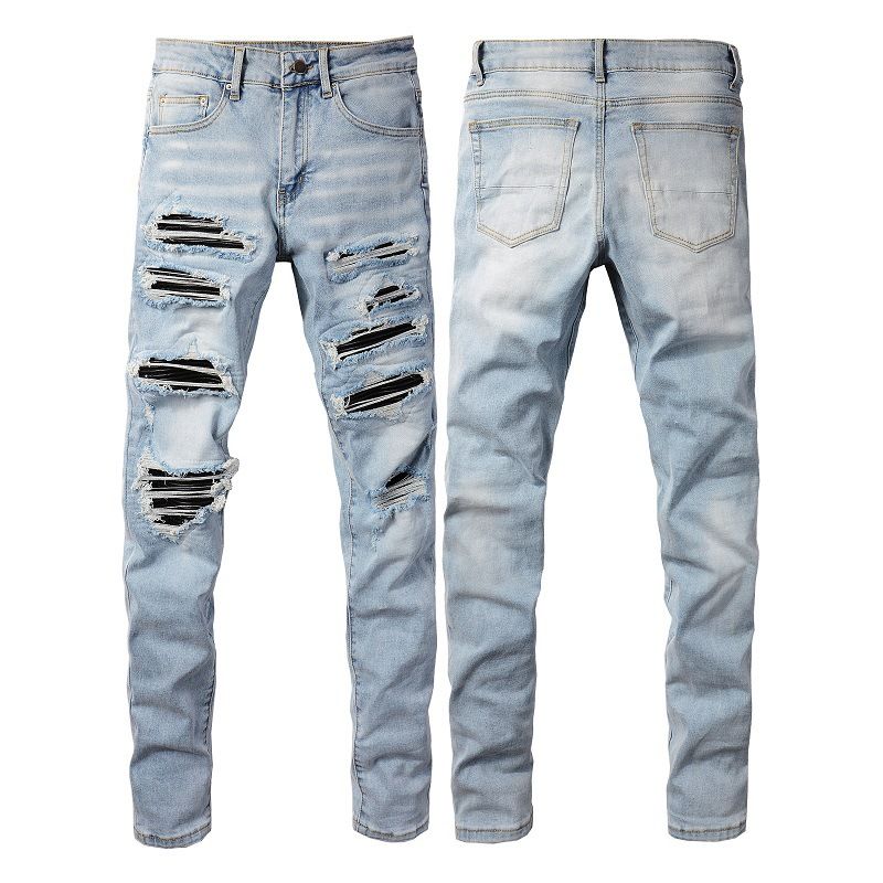 Men's Clothing European And American Casual All Match High Street Jeans Men's Patch Hand Worn Holes Slim Fit Slim Feet 1307_mkmklike.com