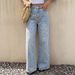 Women's High Waist Wide Leg Jeans Light Wash Yellow Floral Print Loose Fit Floor Length Fresh Pants NY852_mkmklike.com