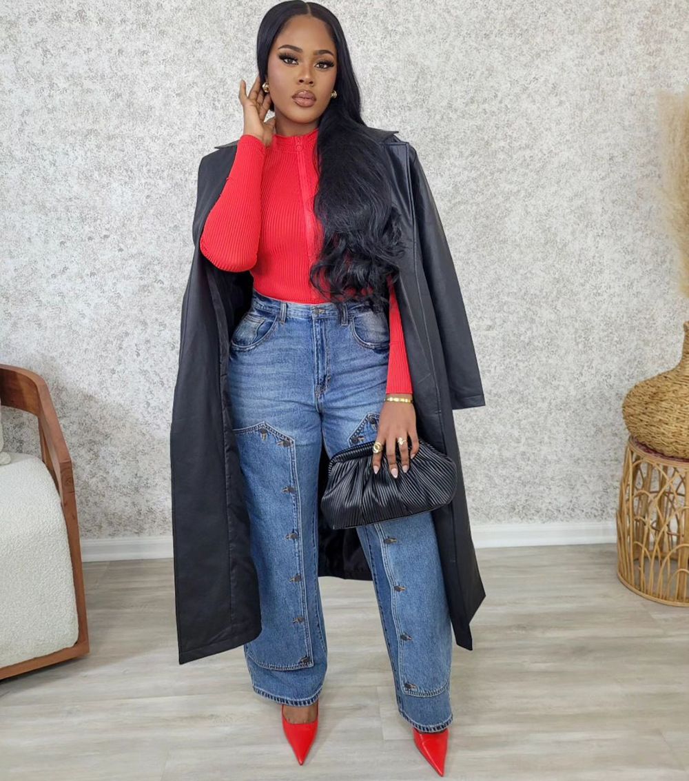 High-Waisted Stretch Denim Jeans – Streetwear Button Accent Straight Leg Pants With Patchwork Design (S-3XL)_mkmklike.com