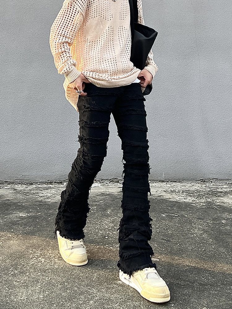 Men's Clothing Erosion Damaged Raw Edge Jeans Men Ins Trendy Brand High Street Straight Slim Flared Trousers Casual Women_mkmklike.com