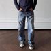 Men's Retro Straight-Leg Jeans - Honeycomb Distressed Denim Pants With Heavy Vintage Wash, Slim Fit Classic Workwear Style For Casual Wear_mkmklike.com