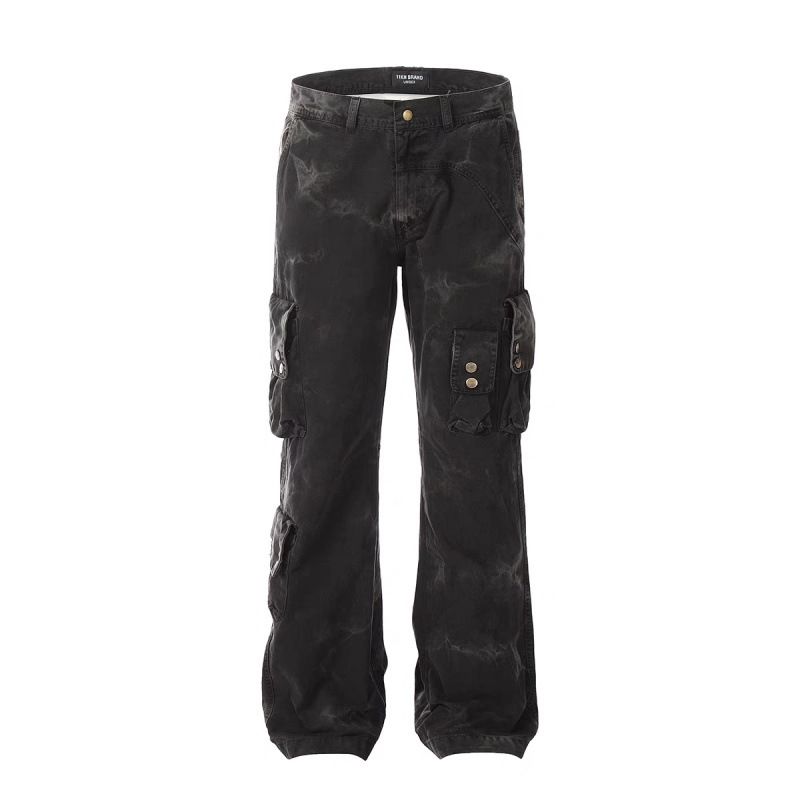 Men's Vintage Workwear Jeans - Distressed Straight-Leg Denim Pants With Artistic Tie-Dye Wash & Utility Pockets For Streetwear_mkmklike.com