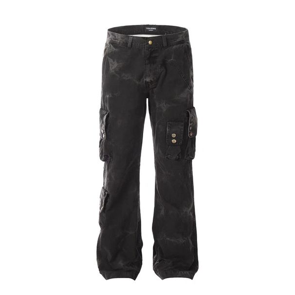 Men's Vintage Workwear Jeans - Distressed Straight-Leg Denim Pants With Artistic Tie-Dye Wash & Utility Pockets For Streetwear_mkmklike.com
