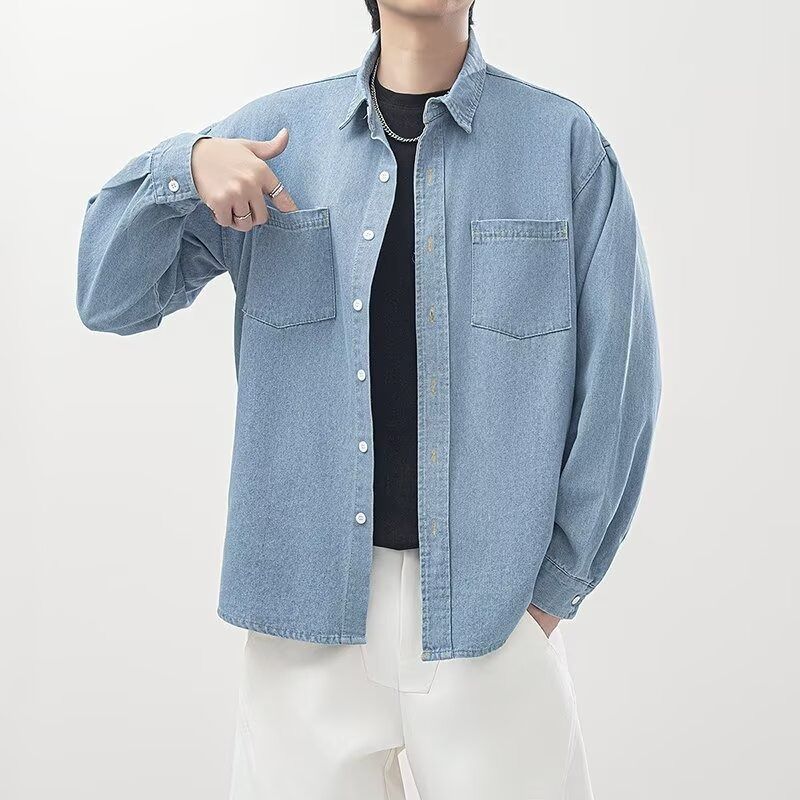 Retro Solid Color Pocket Long-sleeved Denim Shirt Men's And Women's Loose Tooling Cardigan_mkmklike.com