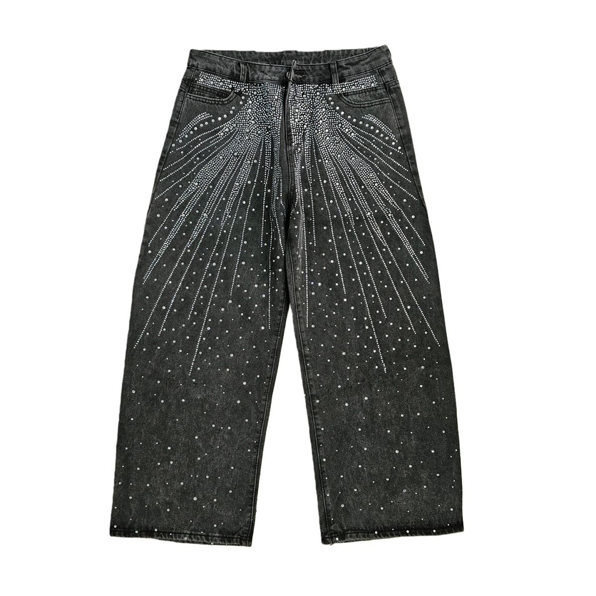 Heavy Embellished Jeans – Rhinestone-Studded Straight-Leg Pants With Distressed Wash & American Streetwear Vibe (Black-Grey, S-Xxxl)_mkmklike.com