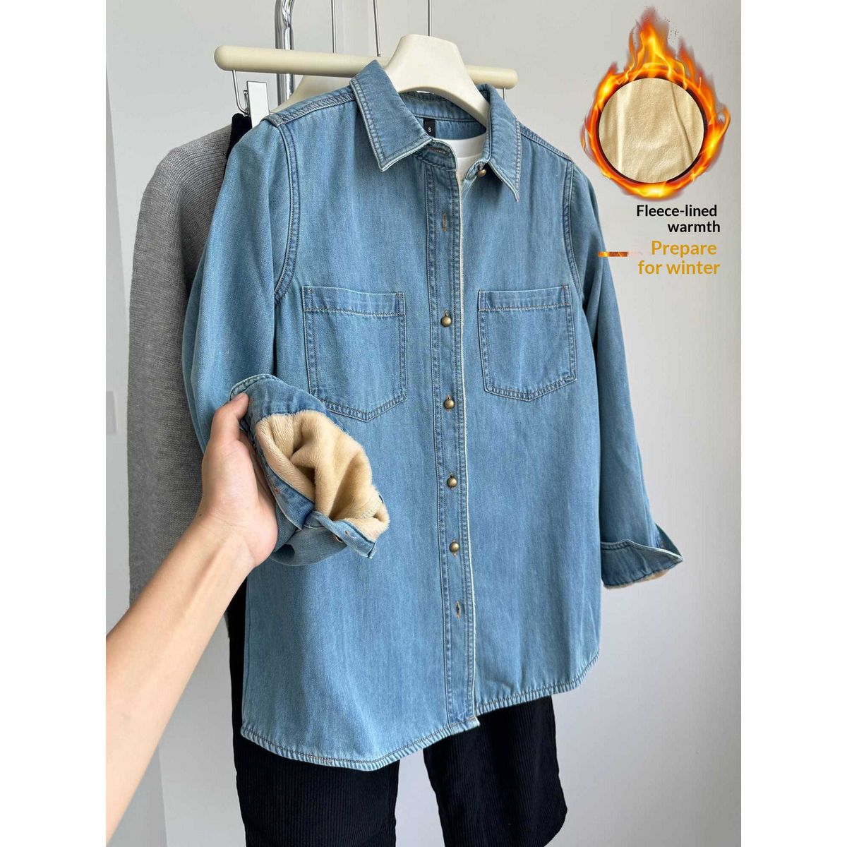 Chicco Light Blue Retro Fleece-Lined Denim Shirt For Women, Layered Wear, Hong Kong Style, 2025 Autumn Winter New Small Size_mkmklike.com
