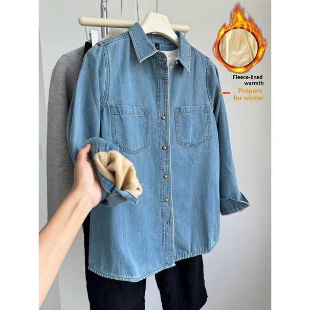 Chicco Light Blue Retro Fleece-Lined Denim Shirt For Women, Layered Wear, Hong Kong Style, 2025 Autumn Winter New Small Size_mkmklike.com