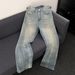 Men's Clothing Retro Blue Lightning Wash Jeans – Semi-Stretch, American Heavy-Distressed, Straight Bootcut With Knife-Pleat Detail_mkmklike.com