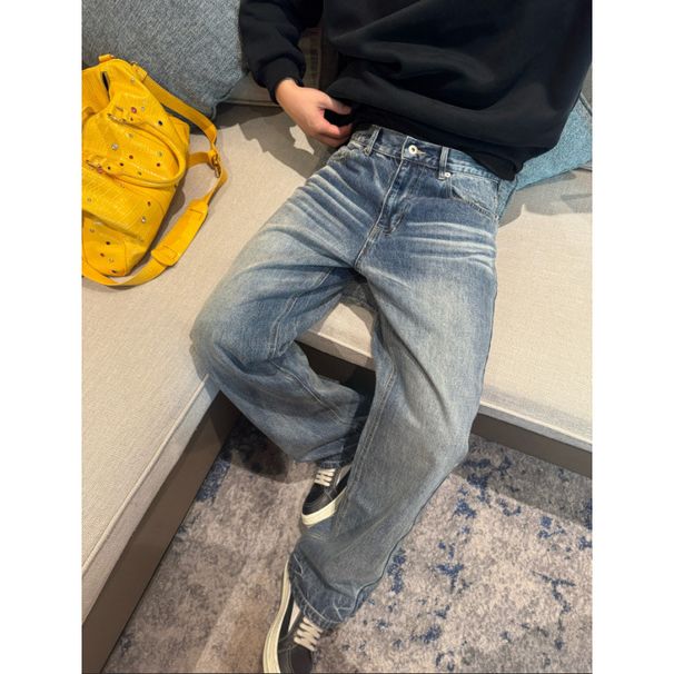 Men's Distressed Washed Denim Jeans – Straight Fit, Mid-Rise, Clean Aesthetic, Light Stretch (M-Xxl, Classic Blue)_mkmklike.com