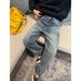 Men's Distressed Washed Denim Jeans – Straight Fit, Mid-Rise, Clean Aesthetic, Light Stretch (M-Xxl, Classic Blue)_mkmklike.com