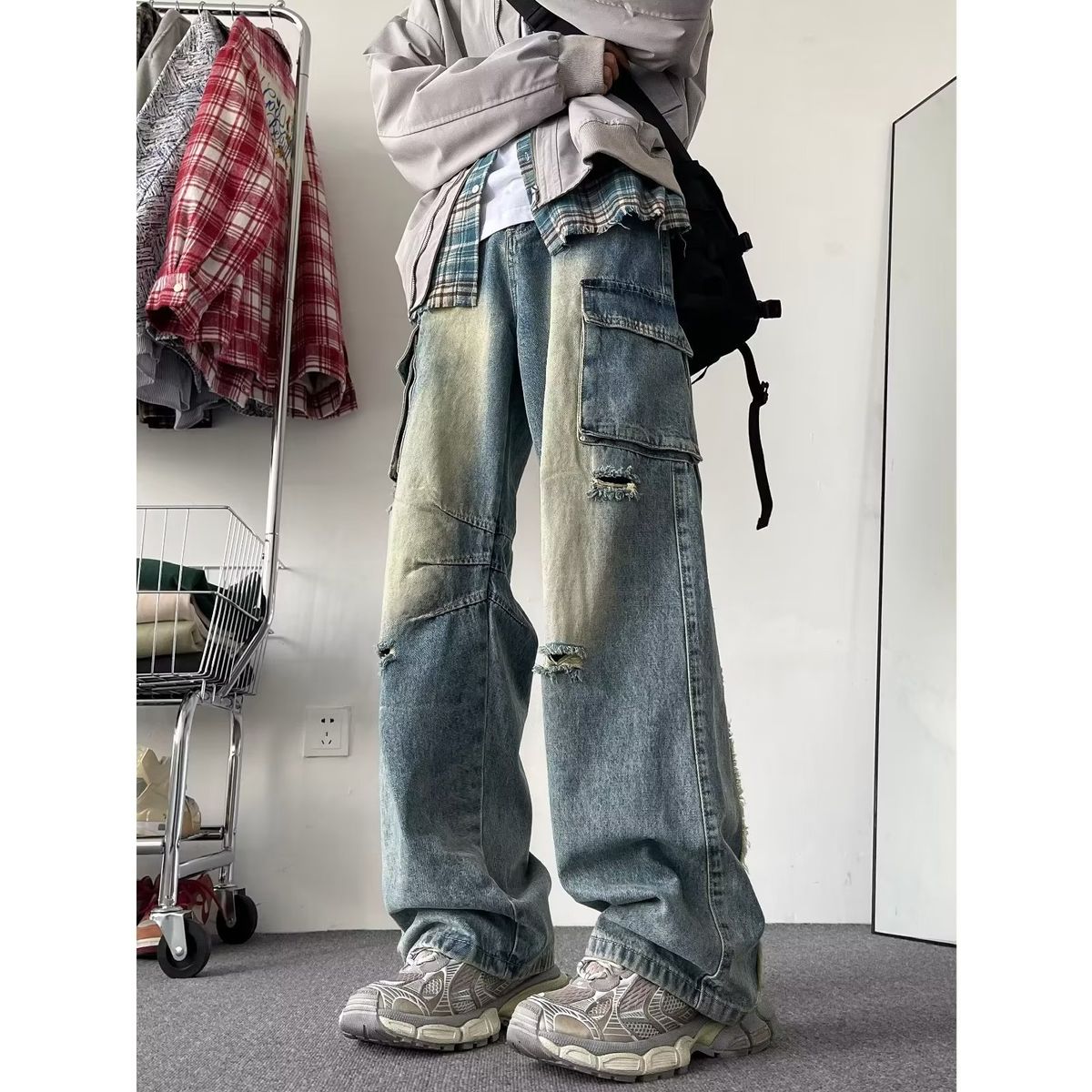 Ripped work jeans for men vibe style high street washed retro pants trendy American loose straight trousers_mkmklike.com