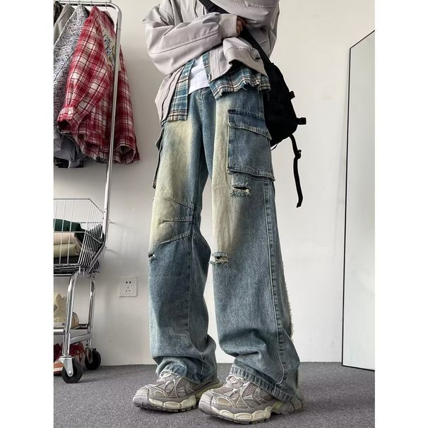 Ripped work jeans for men vibe style high street washed retro pants trendy American loose straight trousers_mkmklike.com