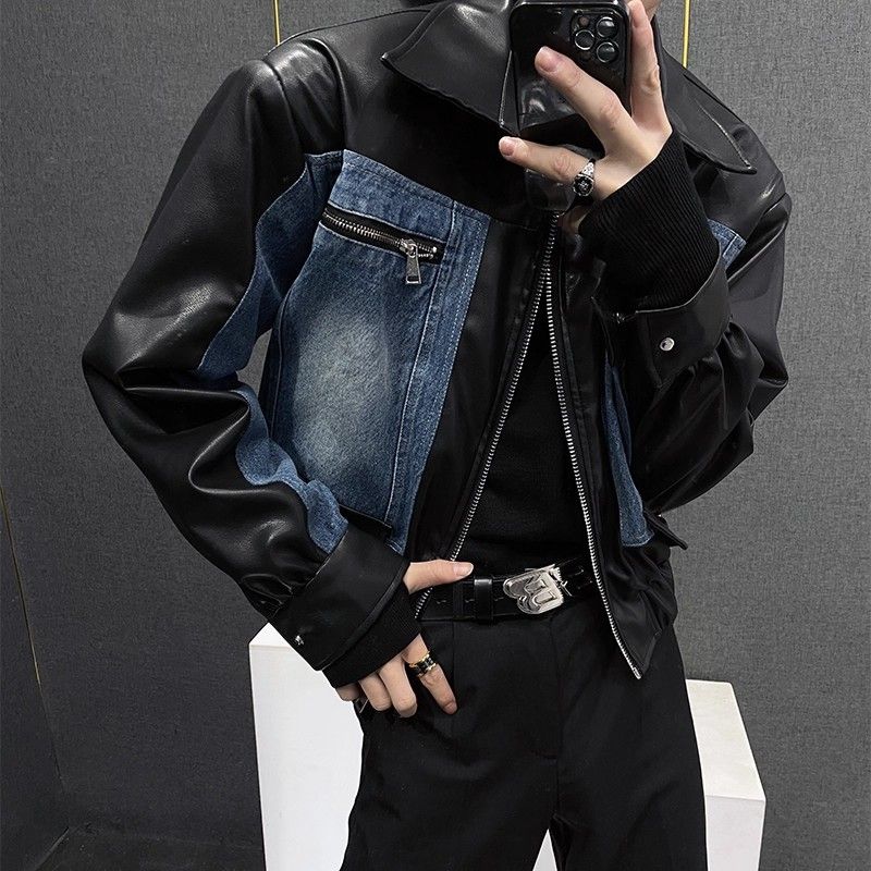 Retro Leather Denim Jacket Men's Autumn Niche Splicing Design Korean Version Small Short Jacket Casual Top_mkmklike.com