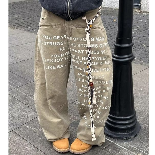 Voguo Relay Women’s Khaki Jeans – American Letter Print Wide-Leg Straight Pants With Retro Design & High Waist_mkmklike.com