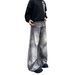 Unisex High End Gradient Curved Blade Jeans Black/Gray Retro Washed Deconstructed Loose Fitting Mid Waist Wide Leg Trousers_mkmklike.com