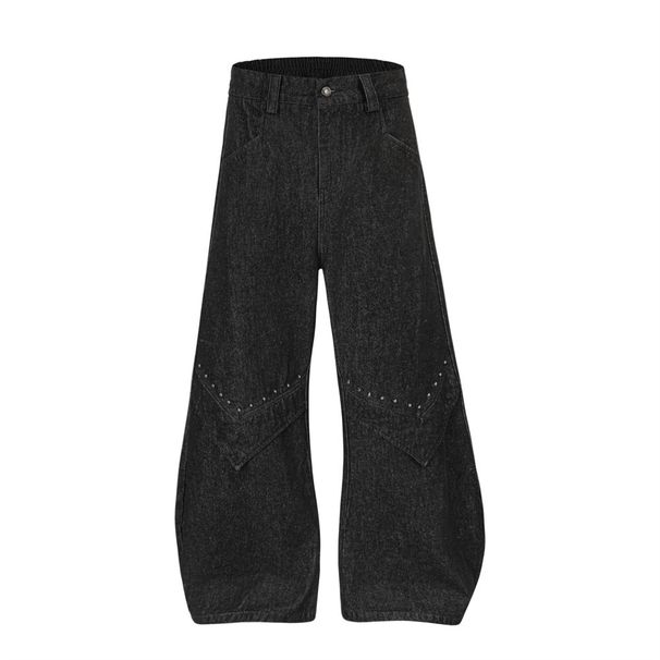 Silhouette Scimitar Jeans American High Street Patchwork Deconstructed Design Sense Rivet Decoration Loose Wide-Leg Long_mkmklike.com