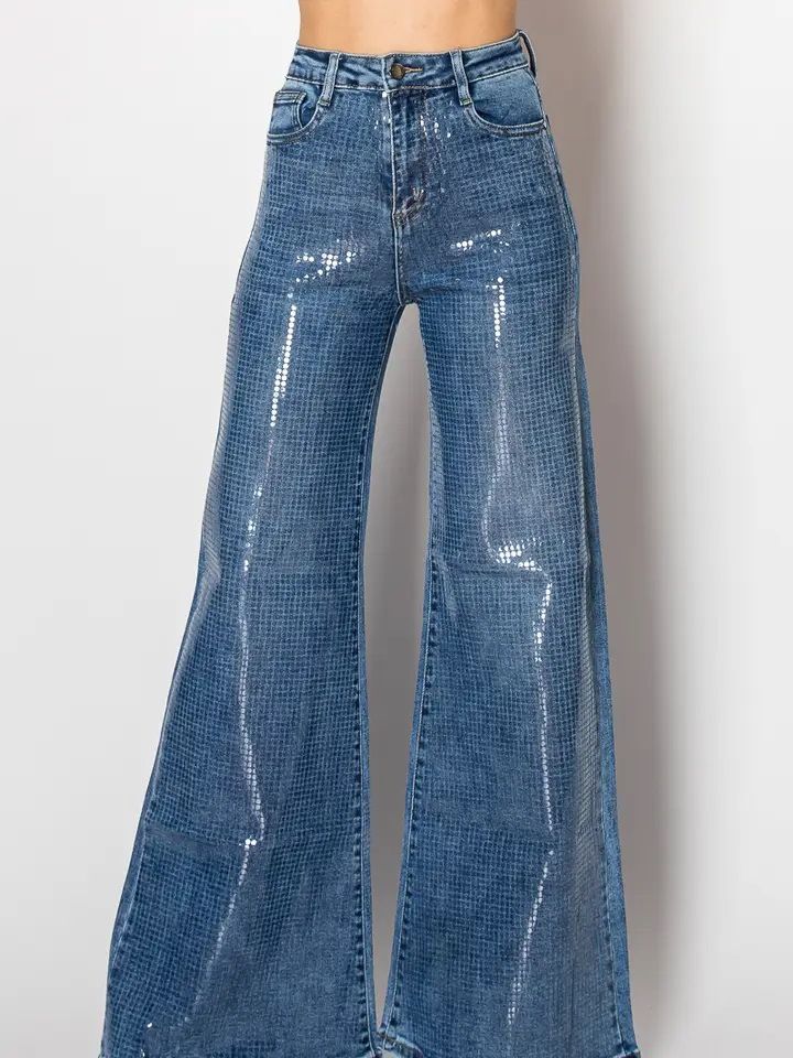 Women's High-Waisted Flared Jeans With Sparkling Sequins – Vintage Washed Wide Leg Pants For Effortless Elegance_mkmklike.com