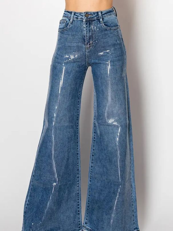 Women's High-Waisted Flared Jeans With Sparkling Sequins – Vintage Washed Wide Leg Pants For Effortless Elegance_mkmklike.com