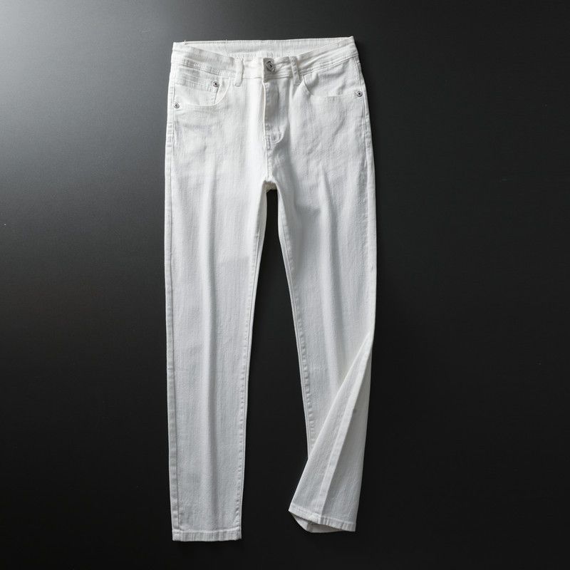 Light Luxury Embroidered Denim Trousers for Men High End Slim Fit Straight Leg Stretchy Black Thick Tapered White_mkmklike.com