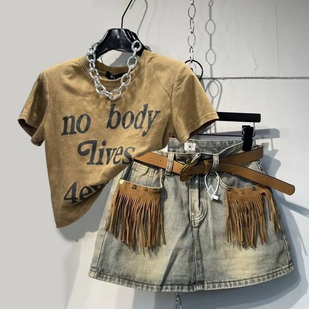 Summer Outfit For Women New Printed Short Sleeved T Shirt Design Niche Denim Skirt Two Piece Suit_mkmklike.com