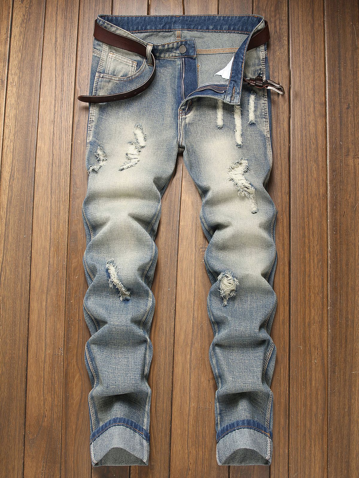 Men’s Vintage Distressed Straight Leg Jeans – Comfortable Cotton Blend Denim Pants For Streetwear (3 Colors, Size 30-42)_mkmklike.com