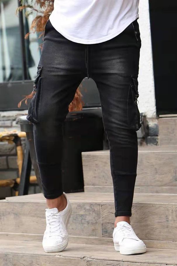 Men's Multi-Pocket Stretch Jeans - Slim Fit Workwear Denim Pants With Zipper Details (Black/Blue, S-XXXL)_mkmklike.com