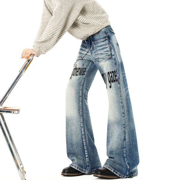 Men's Distressed Flared Jeans – Vintage-Inspired High Street Denim With Cat Whisker & Rivet Details (Blue, S-Xxxl)_mkmklike.com