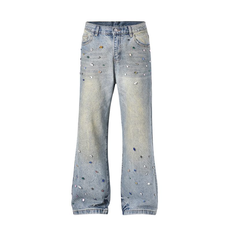 Men's Clothing High Street Washed Loose Wide Leg Pearl Full Diamond Patch Diamond Stacked Jeans Jeans_mkmklike.com