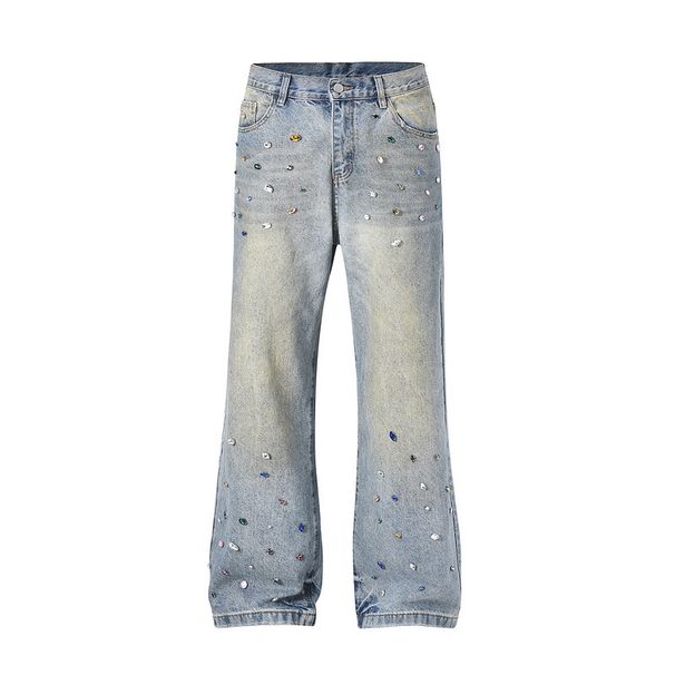 Men's Clothing High Street Washed Loose Wide Leg Pearl Full Diamond Patch Diamond Stacked Jeans Jeans_mkmklike.com