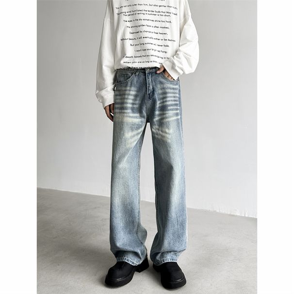 Men's Wide Leg Jeans Distressed Whiskered Design Retro Hip Hop Style New_mkmklike.com