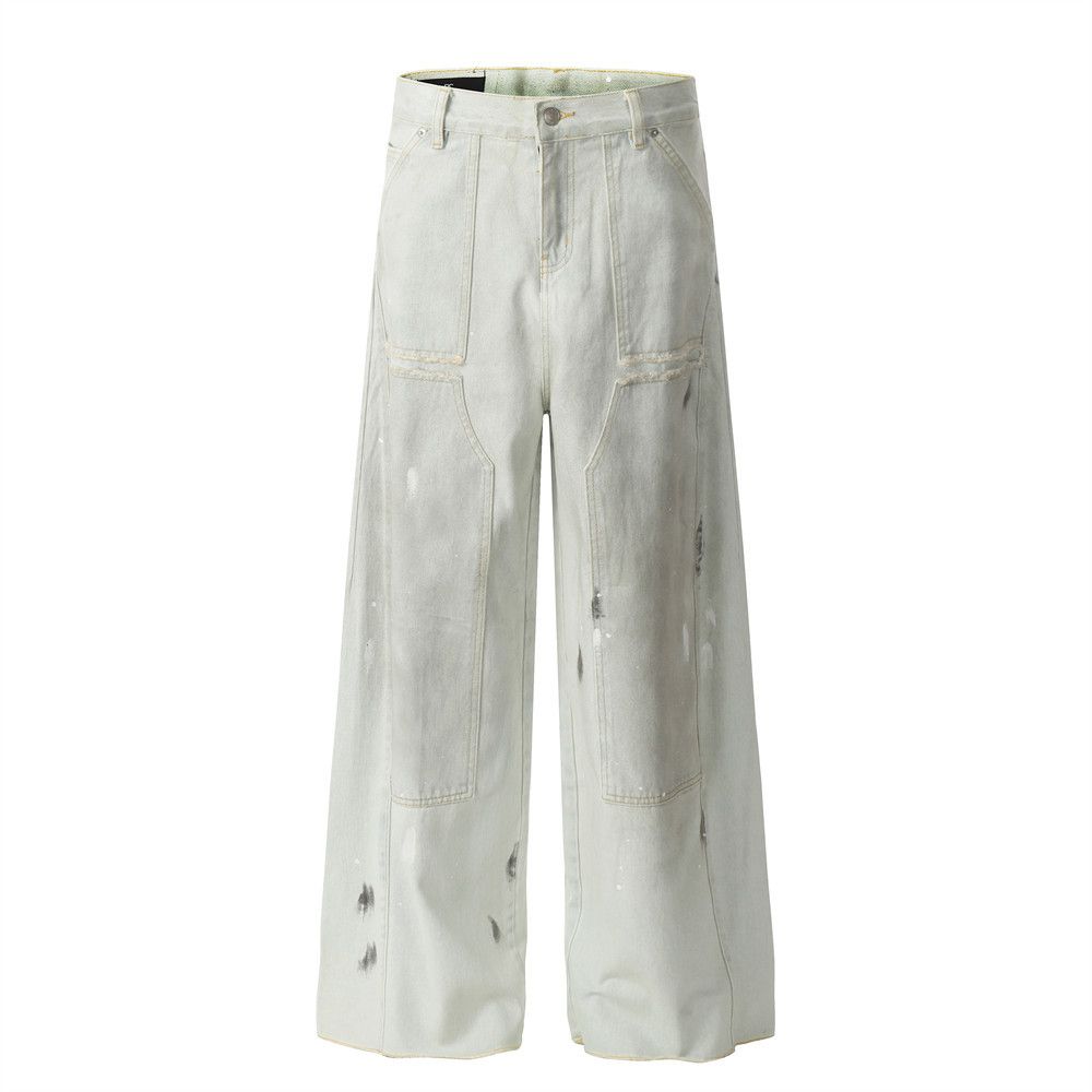 Graffiti Print Jeans Men's Loose Street Trend Washed Vintage Stitching Straight Wide-Leg Long Pants_mkmklike.com