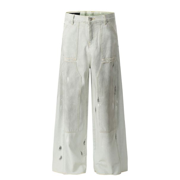 Graffiti Print Jeans Men's Loose Street Trend Washed Vintage Stitching Straight Wide-Leg Long Pants_mkmklike.com