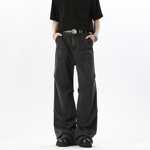 Men's Style Pleated Cargo Jeans Unique Design Versatile Curved Blade Loose Fit Retro Slimming Wide Leg Trousers_mkmklike.com