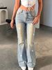 Light Blue Distressed Butterfly Rhinestone Flared Jeans High Waist Full Rhinestone Slimming Floor Length Women's Denim Pants_mkmklike.com