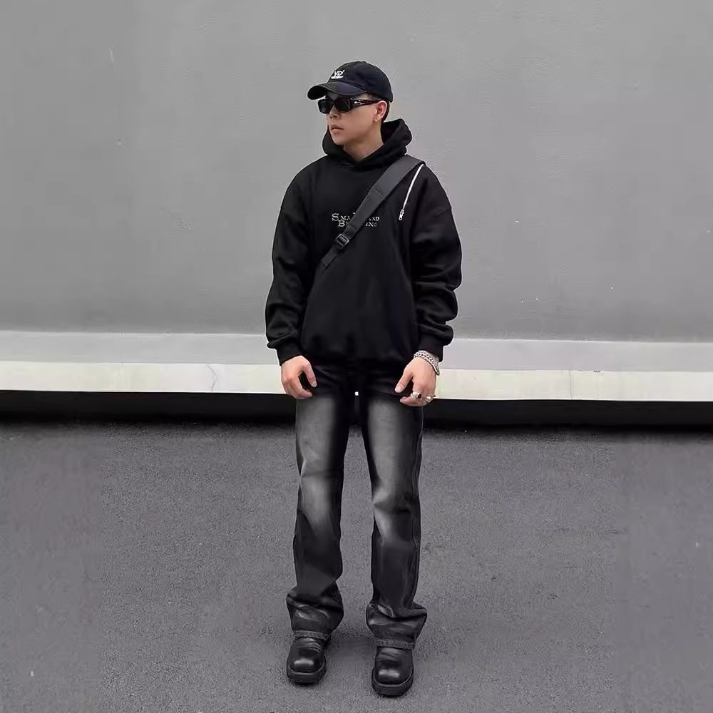 American Retro Washed Black & Gray Flared Jeans – High Street Vibe Slim Fit Straight Pants For Men_mkmklike.com