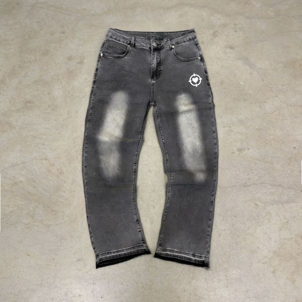 Men's Distressed Fringe Hem Jeans – Vintage Washed Denim With Star & Heart Embellishments (Straight Leg, 4 Sizes)_mkmklike.com