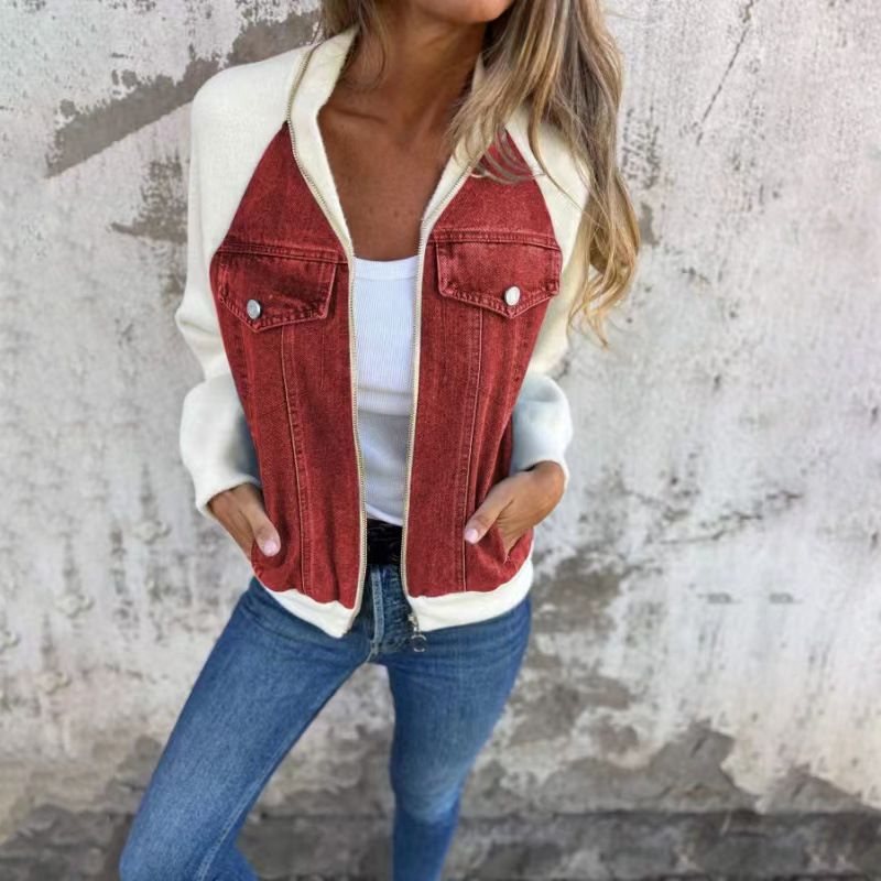 Trendy Denim Patchwork Jacket For Women - Oversized Streetwear Coat With Drop Shoulder & Stand Collar (Black/Blue/White/Red/Purple/Gray, S-5XL)_mkmklike.com