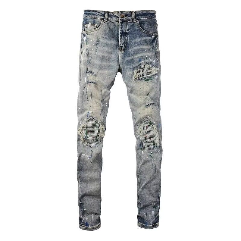 Forge New European And Trendy Brand Light Blue Washed Stretch American High Street Basic Jeans Slim Fit Skinny Pants Men_mkmklike.com